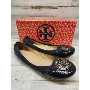 Tory Burch Caroline Logo Elastic Collar Leather Ballet Flats Shoes Black 8.5